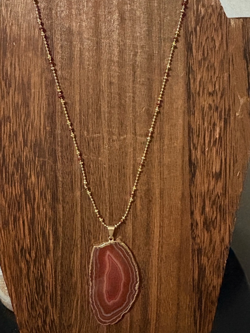 Gold Beaded Necklace with Red Agate Slice Pendant